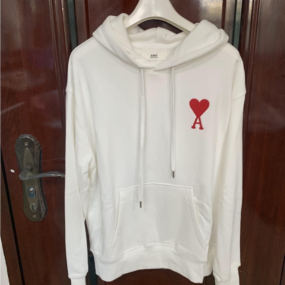 Ami White Hoodie with Red Heart Logo